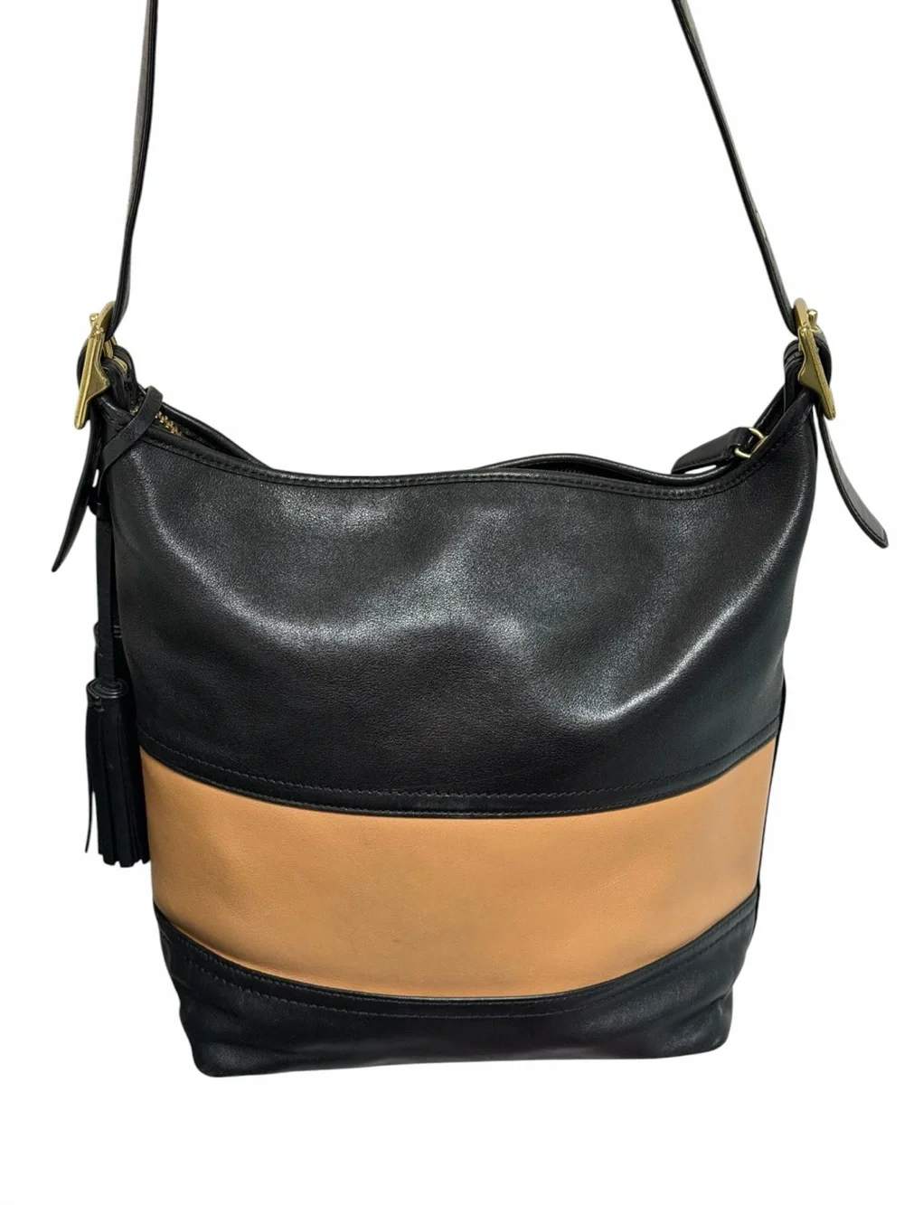 Coach Legacy Leather Colorblock Tassel Shoulder Crossbody Bag Black Tan Large